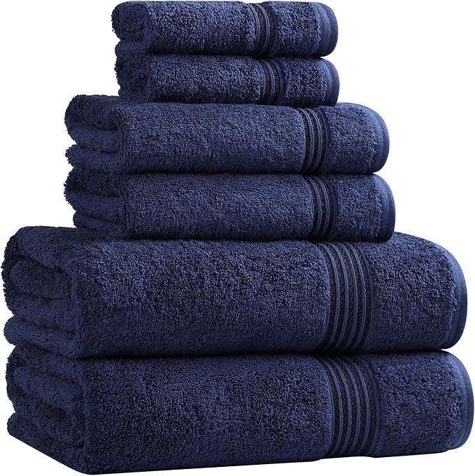 Superior Egyptian Cotton 6-Piece Towel Set, Assorted Towels for Home Bathroom, Master, Guest Bath, Decor Essentials, Includes 2 Bath, 2 Hand, 2 Face Towels/Washcloths, Quick Dry, Absorbent, Navy Blue