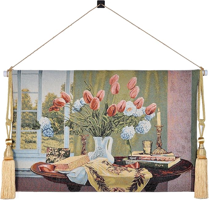 AureoMadis Vintage Floral Tapestry Wall Hanging Set with Telescopic Rod & Tassels - Jacquard Woven Fabric Aesthetic Flower Wall Tapestries for Bedroom/Living Room Decor Spring Botanical Art (42"x27")