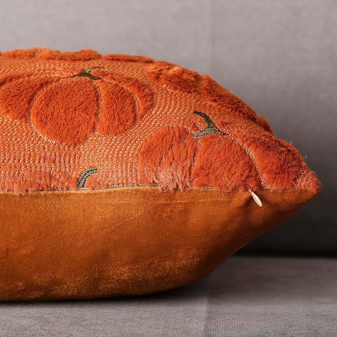 4TH Emotion Fall Pumpkins Decorative Pillow Covers 18x18 Set of 2, Dark Rust Red Soft Plush Faux Fur Wool Farmhouse Throw Cushion Cases for Autumn Thanksgiving Holiday Home Decorations