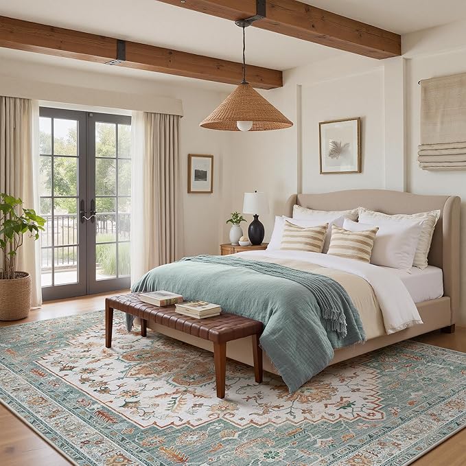 GENIMO 8X10 Area Rugs for Living Room, Machine Washable Vintage Floor Cover Foldable Modern Non Slip Rug, Low Pile Soft Indoor Carpet Floral Print Mat Rug,Bedroom/Dining Room/Home Office,Mint Green