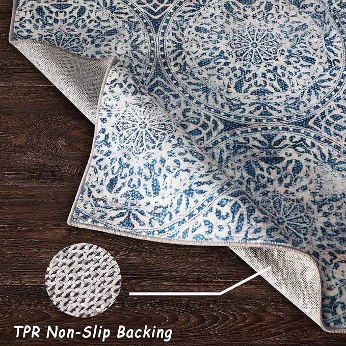 vivorug 5x7 Area Rugs - Ultra-Thin Washable Rug with Non-Slip Backing, Ideal for Living Room, Bedroom, Kitchen Floor Carpet - Vintage Medallion, Easy Clean, Durable, Blue
