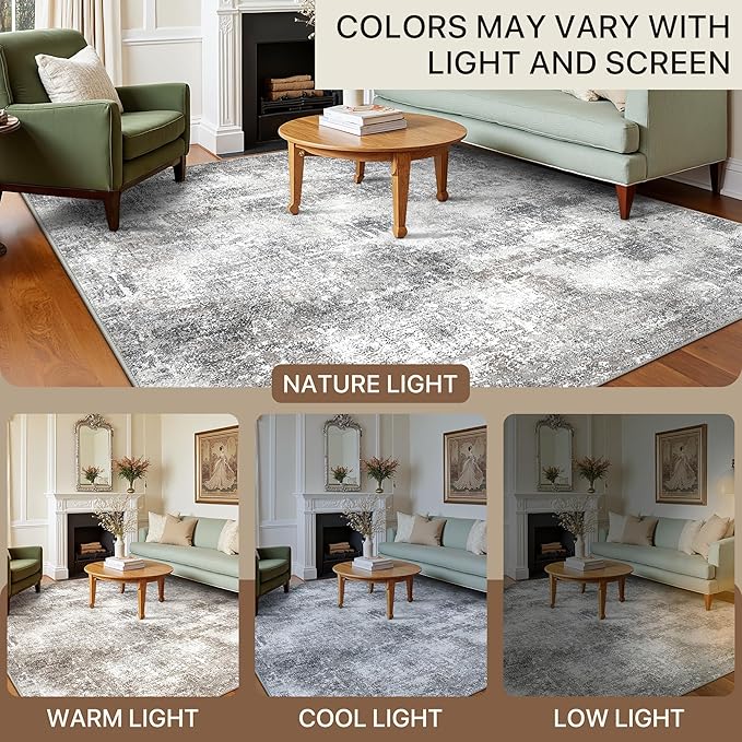 GENIMO Washable Area Rugs for Living Room Bedroom, 9x12 Modern Abstract Non Slip Rug, Low Pile Soft Contemporary Indoor Floor Carpet Cover for Dining Room Kitchen, Grey