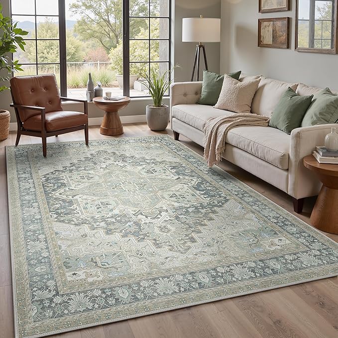 GENIMO 6X9 Area Rugs for Living Room, Machine Washable Vintage Floor Cover Foldable Modern Non Slip Rug, Low Pile Soft Indoor Carpet Floral Print Mat Rug,Bedroom/Dining Room/Home Office,Light Blue