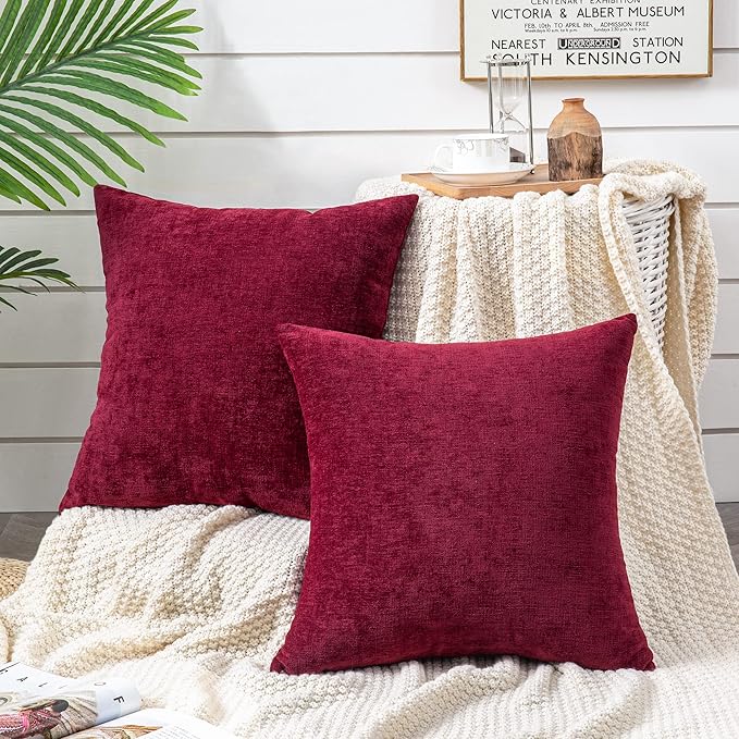 GAWAMAY Decorative Chenille Throw Pillow Covers 26x26 Inch Pack of 2, Soft Square Couch Pillow Cover for Sofa Cushion Living Room Bedroom Oversized Pillowcases Burgundy Red 66x66cm (ONLY Covers)
