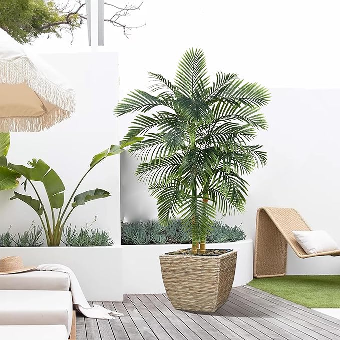 Artificial Palm Tree Indoor Plant 6FT Tall Fake Tropical Palm Tree in Pot with Real Bark Design Faux Areca Palm Tree for Home Office Living Room Bedroom Farmhouse Modern Outdoor Decor (22 leaves 6 FT)