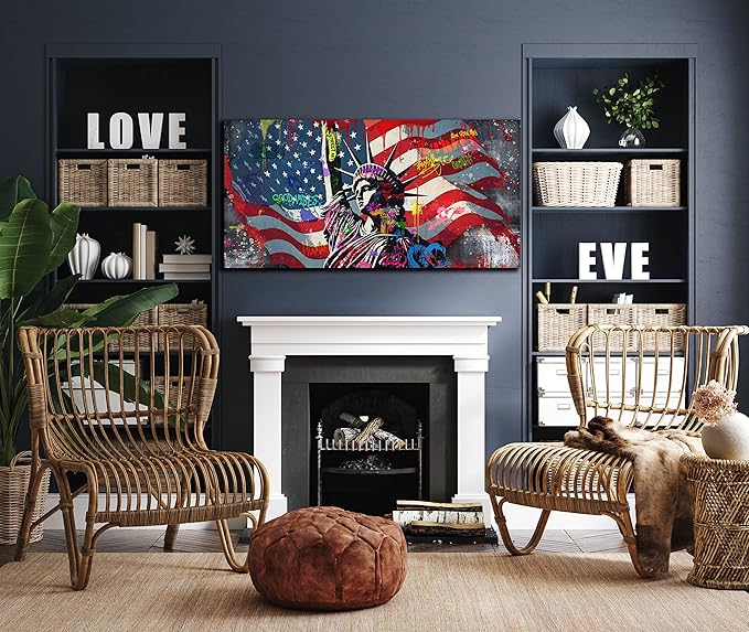 JKWALL77 American Flag Wall-Decor - Banksy Graffiti Canvas Wall Art - Office Pictures For Wall Ready To Hang Size 40" x 20"