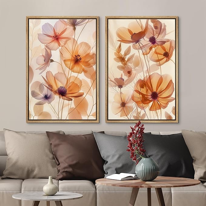 MUDECOR Framed Canvas Print Wall Art Orange Purple Wildflower Botanical Illustrations Modern Art Decorative Bohemian Colorful Chic for Living Room, Bedroom, Office - 16"x24"x2 NATURAL