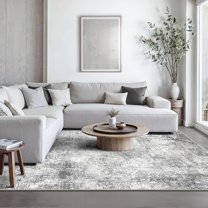 GENIMO Washable Area Rugs for Living Room Bedroom, 9x12 Modern Abstract Non Slip Rug, Low Pile Soft Contemporary Indoor Floor Carpet Cover for Dining Room Kitchen, Grey
