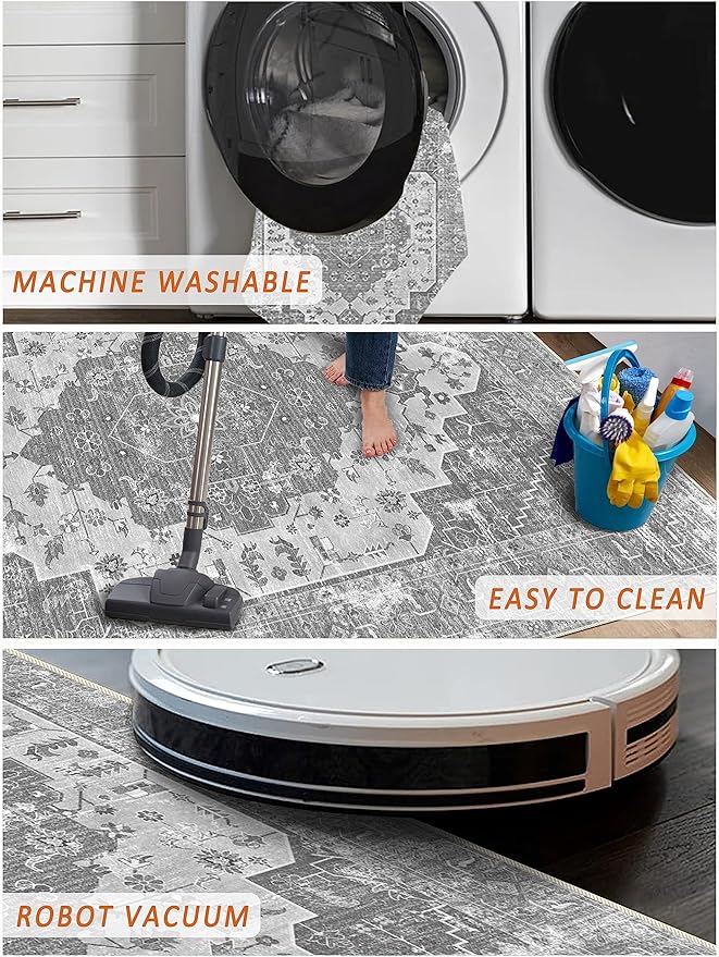 vivorug Runner Rug 2'x7' Vintage Washable Non-Slip Runners for Hallways Kitchen Entryway Laundry Room Carpet Hallway Runner Grey Floral