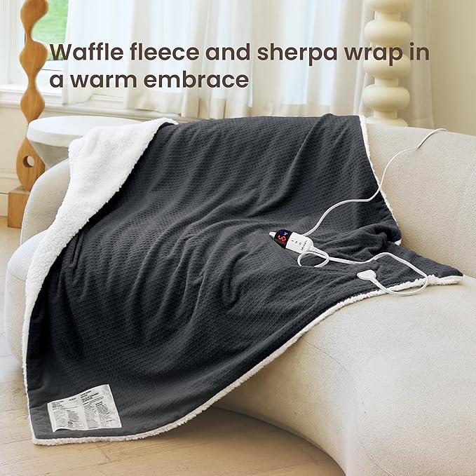 Heated Blanket Electric Throw Waffle, 50x60 Inches Sherpa Fleece Fast Heating Blanket 6 Heating Levels & 4 Hours Auto Off ETL Certification,Charcoal Grey Throw