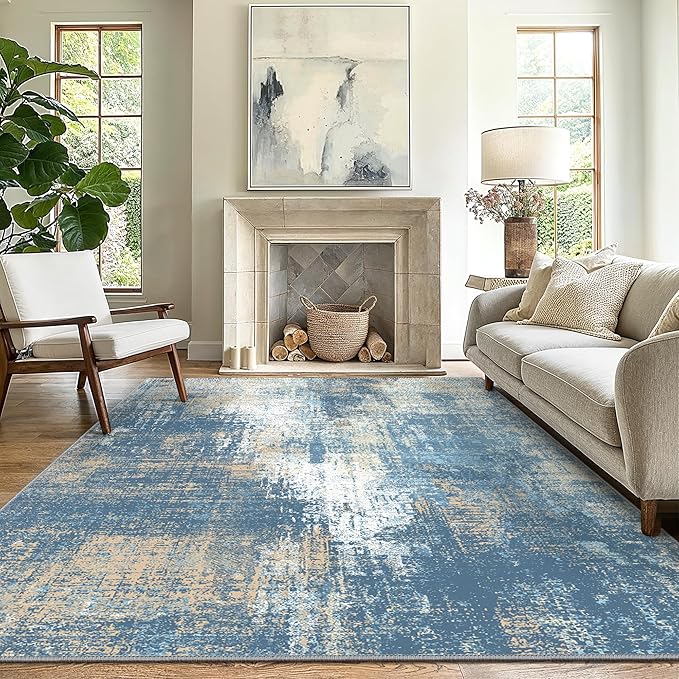 GENIMO Washable Area Rugs for Living Room Bedroom, 8x10 Modern Abstract Non Slip Rug, Low Pile Soft Contemporary Indoor Floor Carpet Cover for Dining Room Kitchen, Mist Blue