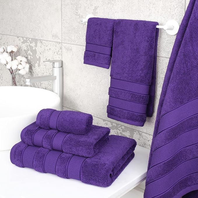 American Soft Linen Salem Turkish Bath Towel Set, 100% Cotton 600 GSM 6 Piece Towels for Bathroom, 2 Bath Towels 2 Hand Towels 2 Washcloths, Purple