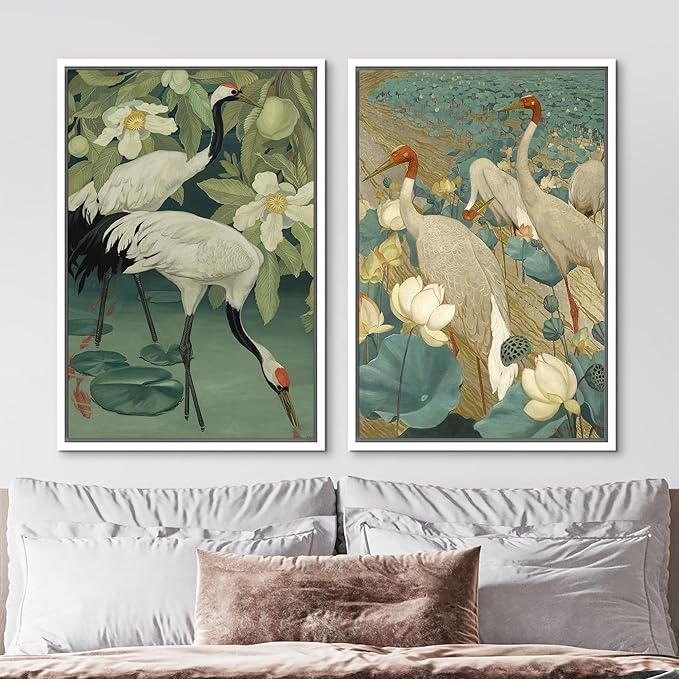 MUDECOR Framed Canvas Print Wall Art Elegant Cranes Among Lotus Flowers Nature Illustrations Modern Art Decorative Multicolor Minimalism for Bedroom - 24"x36"x2 White