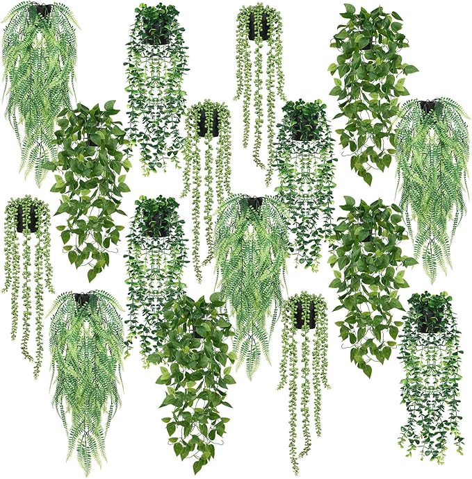 Jexine 16 Pcs Artificial Hanging Plants with Pot Fake Potted Plants Greenery Plastic Faux Eucalyptus Vine Wall Decor for Home Room Office Indoor Outdoor Shelf Patio Garden Decor