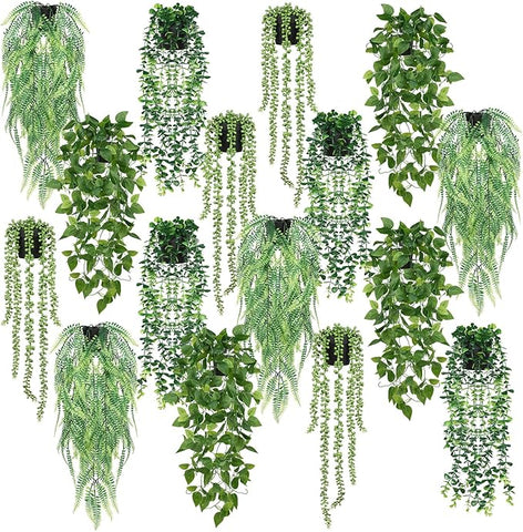 Jexine 16 Pcs Artificial Hanging Plants with Pot Fake Potted Plants Greenery Plastic Faux Eucalyptus Vine Wall Decor for Home Room Office Indoor Outdoor Shelf Patio Garden Decor