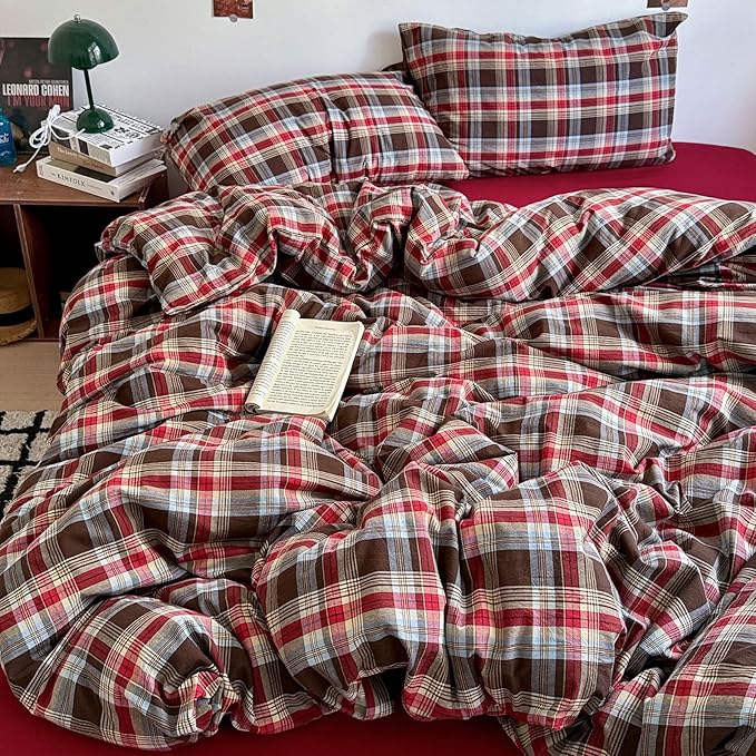 VM VOUGEMARKET Red Brown Plaid Duvet Cover Set King,3 Pieces Washed Cotton Bedding Set,Breathable Luxury Checkered Duvet Cover with 2 Pillowcases