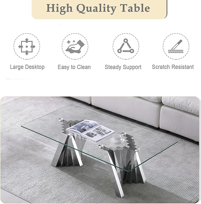 Glass 3 Piece Living Room Table Sets,3-Piece Table Set Includes 1 Glass Coffee Table and 2 End Tables with Stainless Steel Frame,Modern Coffee Table Set of 3 for Living Room (Silver)