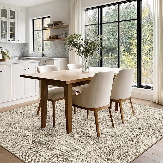 MIULEE 8x10 Vintage Washable Area Rugs Living Room Rug Low Pile Boho Farmhouse Floor Mat for Bedroom Dining Room Under Kitchen Table, Non-Slip Stain Resistant Soft Large Carpet for Home Decor, Brown
