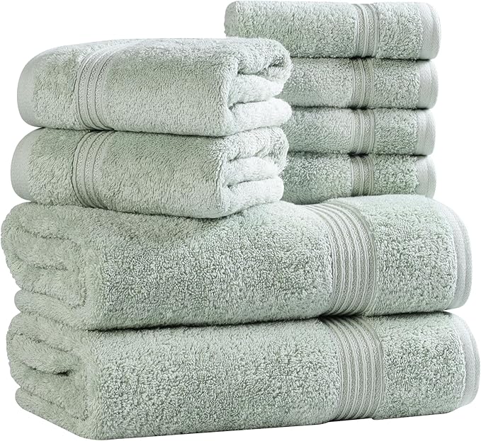 Superior Egyptian Cotton 8-Piece Towel Set, Assorted Towels for Home Bathroom, Guest Bath Decor Essentials, Includes 2 Bath, 4 Hand, 2 Face Towels/Washcloths, Quick Dry, Absorbent, Sage