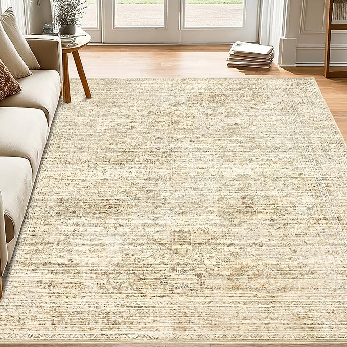 MIULEE 6x9 Vintage Living Room Rug Washable Area Rugs Low Pile Floor Mat for Bedroom Dining Room Non-Slip Stain Resistant Soft Indoor Carpet for Home Decor, Neutral Beige