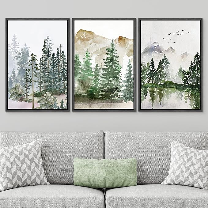 SIGNWIN Framed Canvas Print Wall Art Set Pastel Mountain Range Forest Mist Nature Wilderness Illustrations Modern Art Decorative Rustic Calm/Zen for Living Room, Bedroom, Office - 24"x36"x3 Black