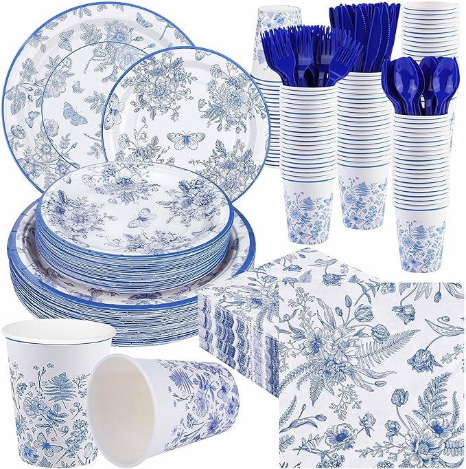 400 Pieces Blue and White Flower Disposable Party Tableware Sets Including Plates Cups Napkins Cutlery Serves 50 for Wedding Birthday Baby Shower Party Decorations