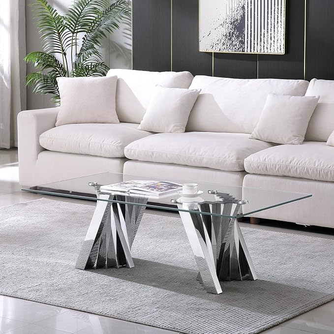 Glass 4 Piece Living Room Table Sets,4-Piece Table Set Includes 1 Glass Coffee Table and 1 Console Table and 2 End Tables with Stainless Steel Frame,Modern Coffee Table Set of 4 for Living Room