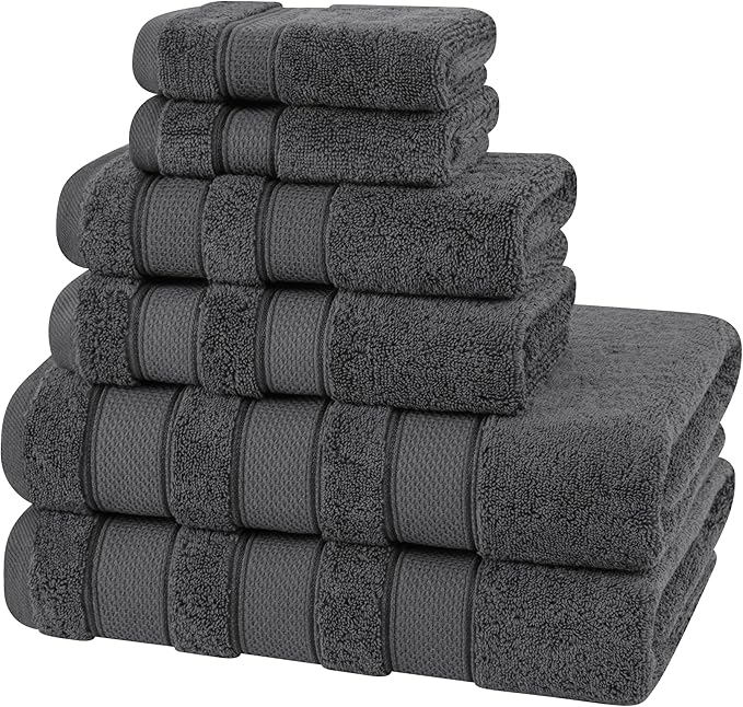 American Soft Linen Salem Turkish Bath Towel Set, 100% Cotton 600 GSM 6 Piece Towels for Bathroom, 2 Bath Towels 2 Hand Towels 2 Washcloths, Dark Gray