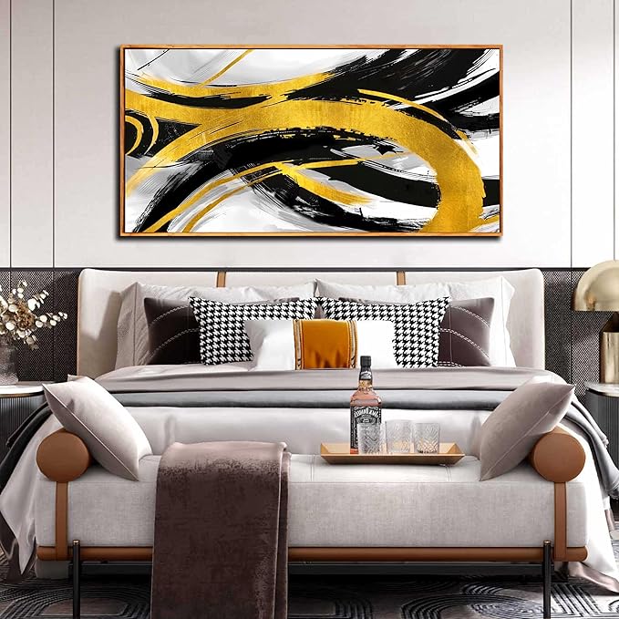 Abstract Wall Decor for Living Room - Modern Black and Gold Wall Art for Office - Large Framed Wall Art Size 29" x 59"