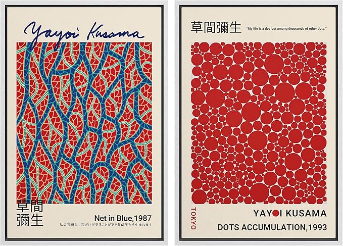 MUDECOR Framed Canvas Print Wall Art Blue Red Dots by Yayoi Kusama Japanese Nature Illustration Modern Art Decorative Multicolor Geometric Minimal for Bedroom - 24"x36"x2 White