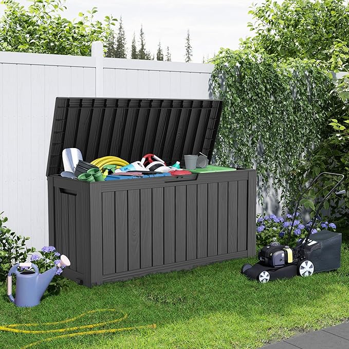 75 Gallon Large Deck Box,Resin Outdoor Storage Box with Lockable for Patio Furniture, Pool Accessories, Garden Tools Waterproof Outside Storage Box, Black