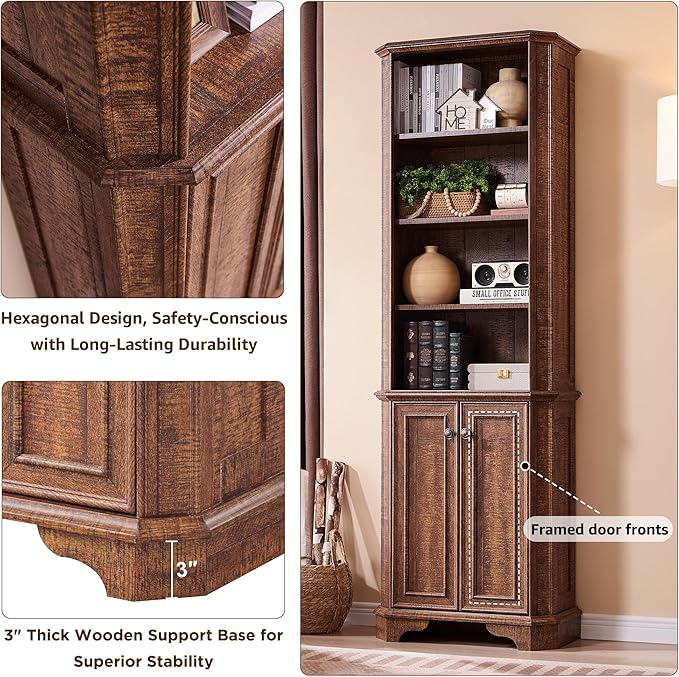 OKD 6-Tier Bookcase with Doors, 72" Tall Farmhouse Bookshelf with Storage & Adjustable Shelves, Wooden Floor Standing Display Book Shelf Organizer for Home Office,Reclaimed Barnwood