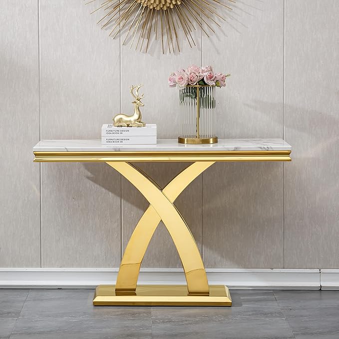 Marble Console Entryway Table, 47 inch Faux Marble Narrow Long Sofa Table, Modern White Tall Accent Table for Living Room, Entrance Table with Gold Geometric Stainless Steel Frame
