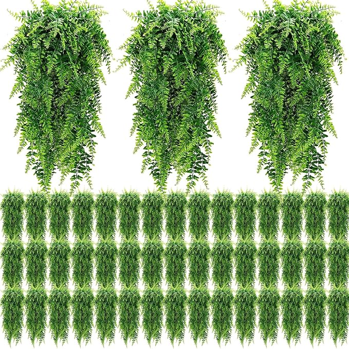Geosar 80 Pcs Artificial Hanging Plants 32 Inch Hanging Boston Ferns Plastic Fake Plants for Wall Room Garden Wedding Garland Indoor Outdoor Decoration, No Basket