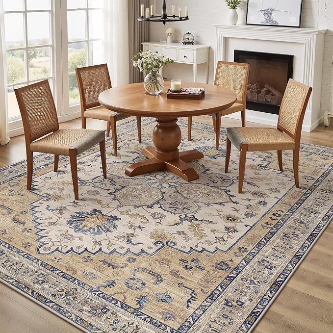 GENIMO 8X10 Area Rugs for Living Room, Machine Washable Vintage Floor Cover Foldable Modern Non Slip Rug， Low Pile Soft Indoor Carpet Floral Print Mat Rug,Bedroom/Dining Room/Home Office,Beige
