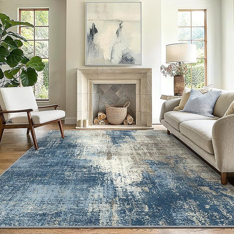 GENIMO Washable Area Rugs for Living Room Bedroom, 9x12 Modern Abstract Non Slip Rug, Low Pile Soft Contemporary Indoor Floor Carpet Cover for Dinning Room Kitchen, Slate Blue