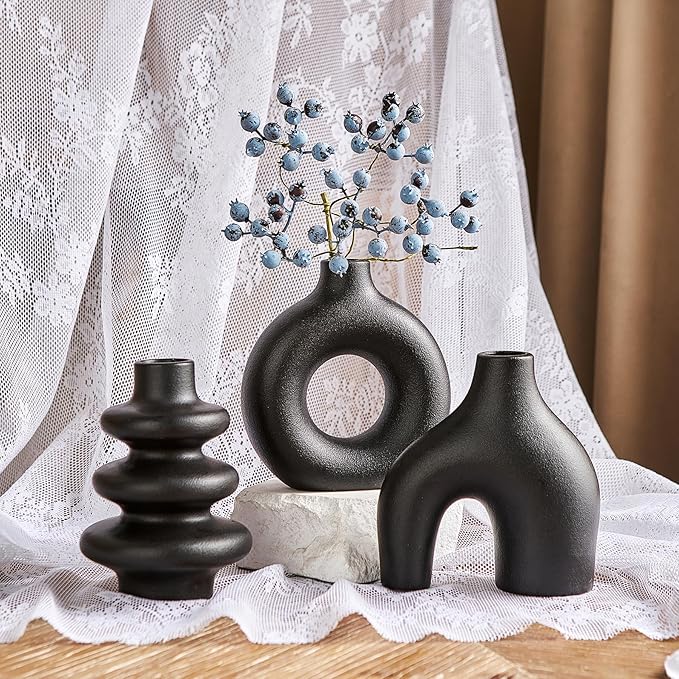Black Ceramic Vase Set of 3, Modern Boho for Home Decor, Small Flower Vases for Pampas Grass, Round Centerpieces for Wedding, Coffee Table, Shelf, Living Room, Bedroom, Entryway