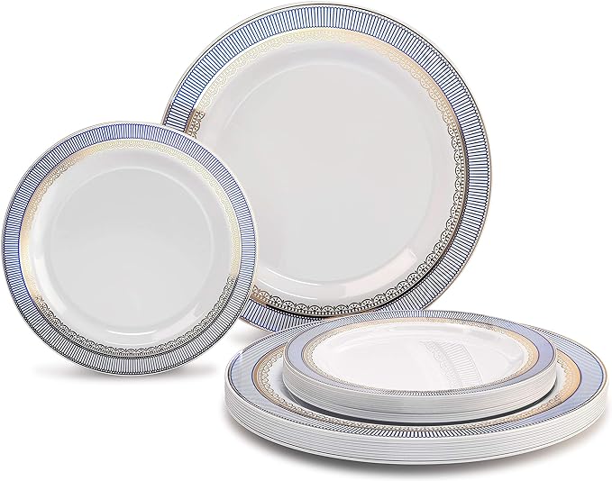 " OCCASIONS " 50 Plates Pack (25 Guests)-Heavyweight Wedding Party Disposable Plastic Plate Set -25 x 10.5'' Dinner + 25 x 7.5'' Salad/dessert plates (Louvre in White w/Blue & Gold)