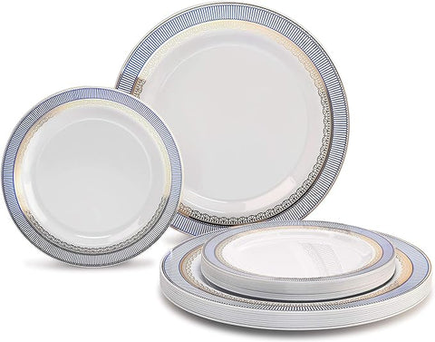 " OCCASIONS " 50 Plates Pack (25 Guests)-Heavyweight Wedding Party Disposable Plastic Plate Set -25 x 10.5'' Dinner + 25 x 7.5'' Salad/dessert plates (Louvre in White w/Blue & Gold)