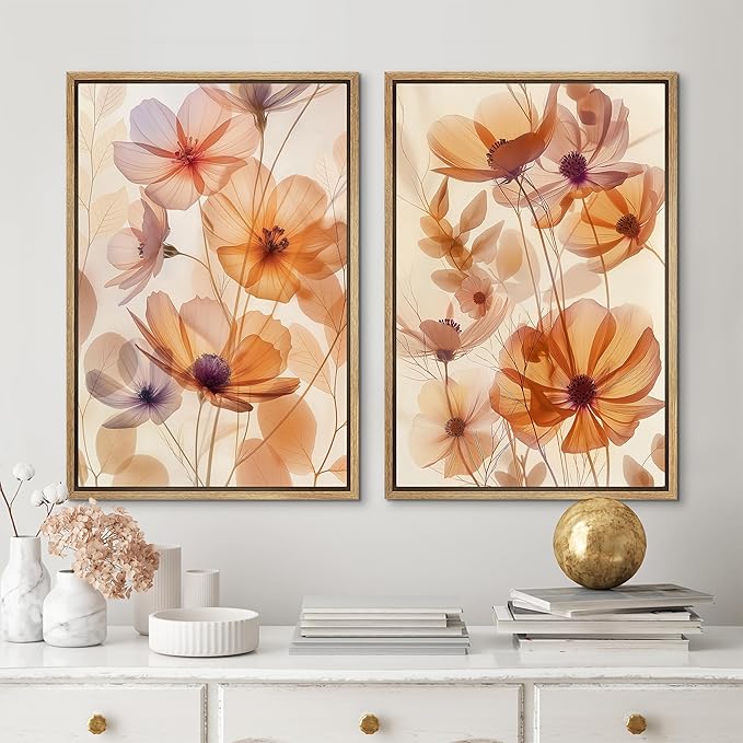 MUDECOR Framed Canvas Print Wall Art Orange Purple Wildflower Botanical Illustrations Modern Art Decorative Bohemian Colorful Chic for Living Room, Bedroom, Office - 16"x24"x2 NATURAL