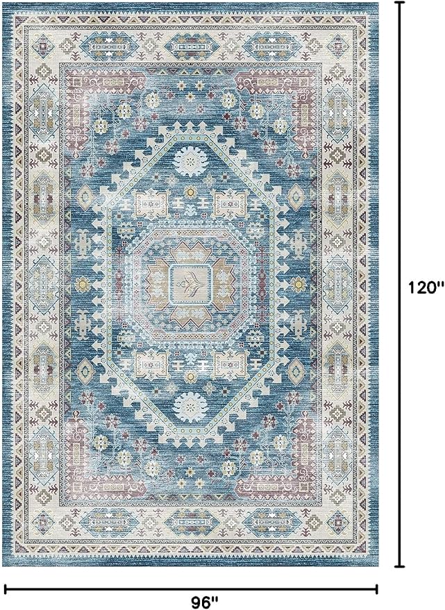vivorug 8x10 Area Rugs for Living Room, Non-Slip Backing Washable Rug 8x10, Blue Large Area Rug Soft Carpet for Bedroom Dining Room, Vintage, Easy Clean, Durable, Low Pile Rug Under Table