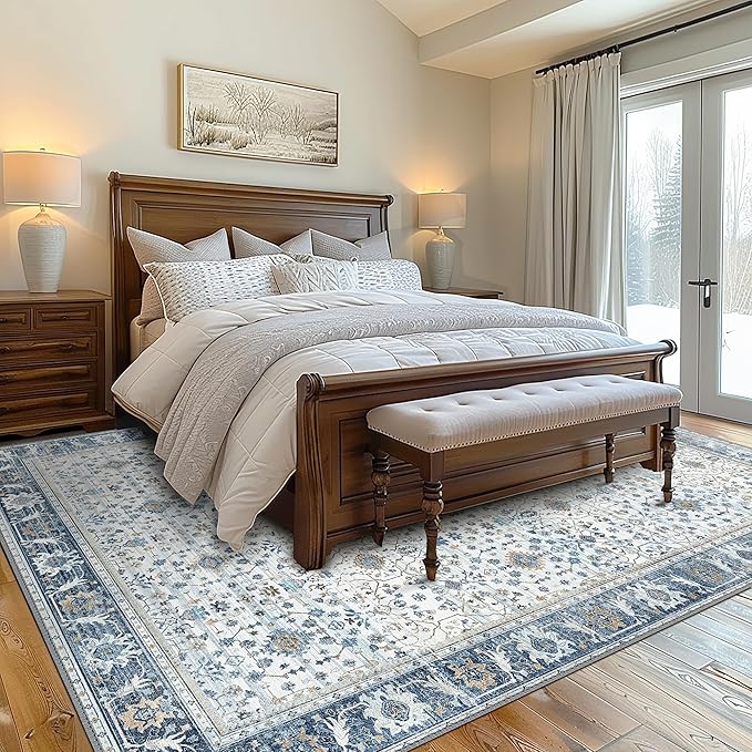 GENIMO Washable Area Rugs for Living Room Bedroom, 8x10 Boho Vintage Non Slip Rug, Low Pile Soft Floral Indoor Floor Carpet Cover for Dining Room Kitchen, Retro Light Blue