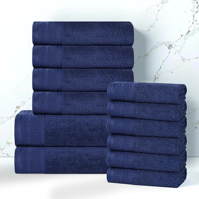Superior Honeycomb 100% Cotton 500 GSM 12 Piece Bath Towel Set, 6 Washcloths, 4 Hand, 2 Bath Towels, Ideal for Bathroom, Kitchen or Beach, Quick Dry, Jacquard and Solid, Mid-Weight, Navy Peony