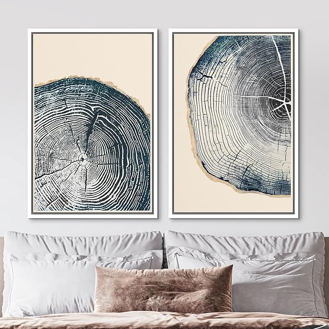 MUDECOR Framed Canvas Print Wall Art Navy Blue Wood Tree Ring Nature Illustration Modern Art Decorative Multicolor Geometric Minimal for Bedroom - 24"x36"x2 White