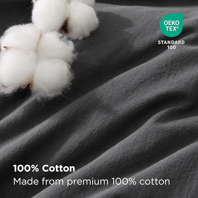 Bedsure 100% Stone Washed Cotton Duvet Cover King - Charcoal Minimalist Cotton Duvet Cover Linen Like for All Seasons - GentleSoft™ Plain Simple Bedding, 3 Pieces (Charcoal, King, 104"x90")