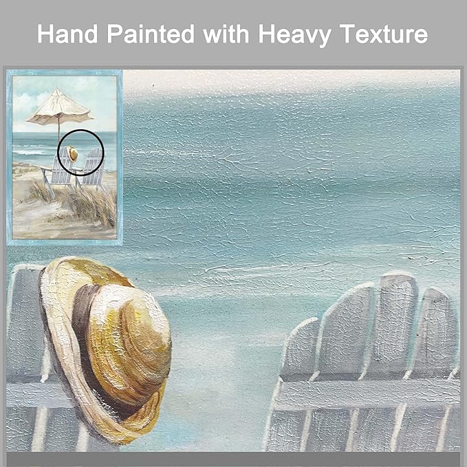 Abstract Beach Framed Wall Art - Coastal Chair Picture Modern Ocean Painting Prints Calming Seascape Wooden Artwork Decor for Bedroom