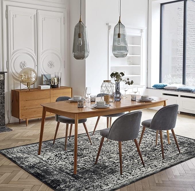 vivorug 9x12 Area Rugs, Stain Resistant Washable Rug for Living Room, Vintage-Inspired Black and White Rug
