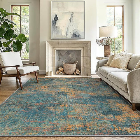 GENIMO Washable Area Rugs for Living Room Bedroom, 8x10 Modern Abstract Non Slip Rug, Low Pile Soft Contemporary Indoor Floor Carpet Cover for Dining Room Kitchen, Dark Blue