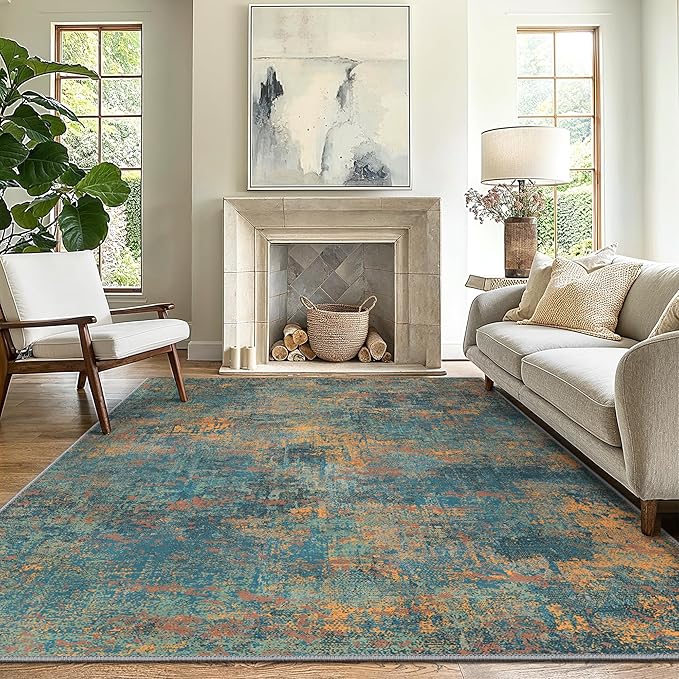 GENIMO Washable Area Rugs for Living Room Bedroom, 10x14 Modern Abstract Non Slip Rug, Low Pile Soft Contemporary Indoor Floor Carpet Cover for Dining Room Kitchen, Dark Blue