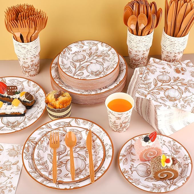 400 Pieces Fall Vintage Pomegranate Disposable Party Tableware Sets Including Orange Floral Plates Cups Napkins Cutlery Serves 50 for Thanksgiving Wedding Baby Shower Party Decorations